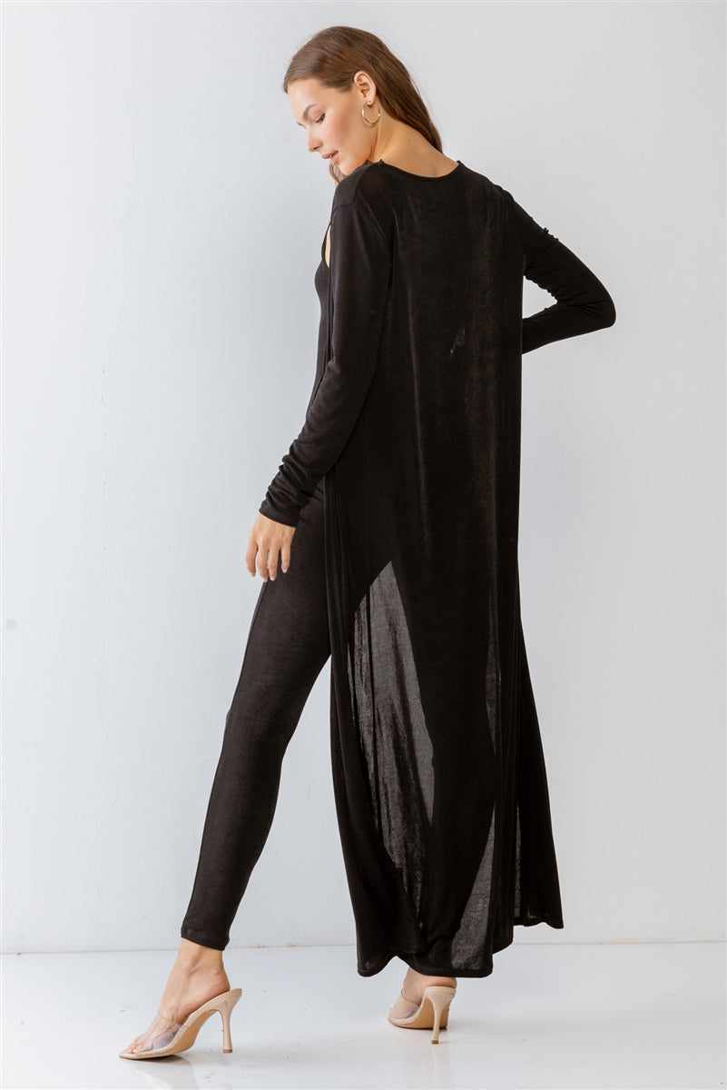 Black slim fit jumpsuit with cut-out detail and long sleeve open front cardigan, shown from the back, perfect for casual loungewear.