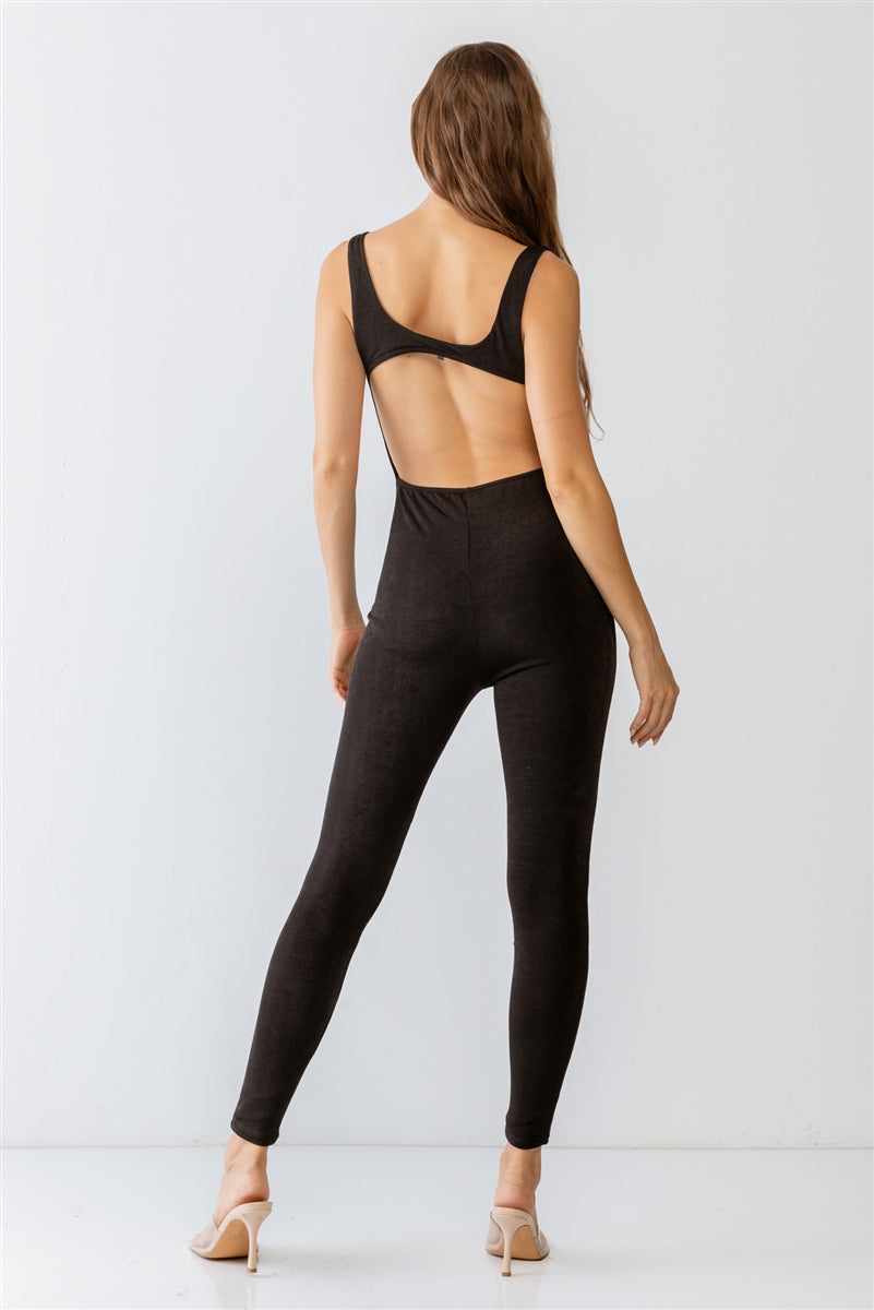 Black sleeveless cut-out detail slim fit jumpsuit with back view, crafted from comfy polyester and spandex blend for casual wear.