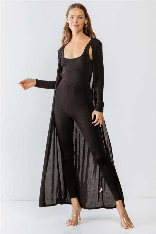 Black sleeveless cut-out slim fit jumpsuit with open front long sleeve cardigan, casual loungewear set, square neckline, comfortable fabric.