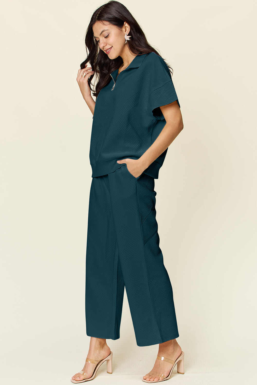 Full-size teal half zip short sleeve top and pants set with pockets, drawstring, slightly stretchy, 97% polyester, 3% spandex.