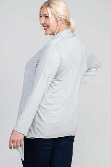 Plus-size model wearing Waist Seam Open Solid Cardigan in Heather Grey, 1XL to 3XL, long sleeve, 95% Rayon, 5% Spandex.