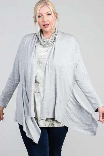 Heather grey waist seam shark bite long sleeve open solid cardigan for plus sizes 1XL-3XL, made of 95% rayon and 5% spandex.