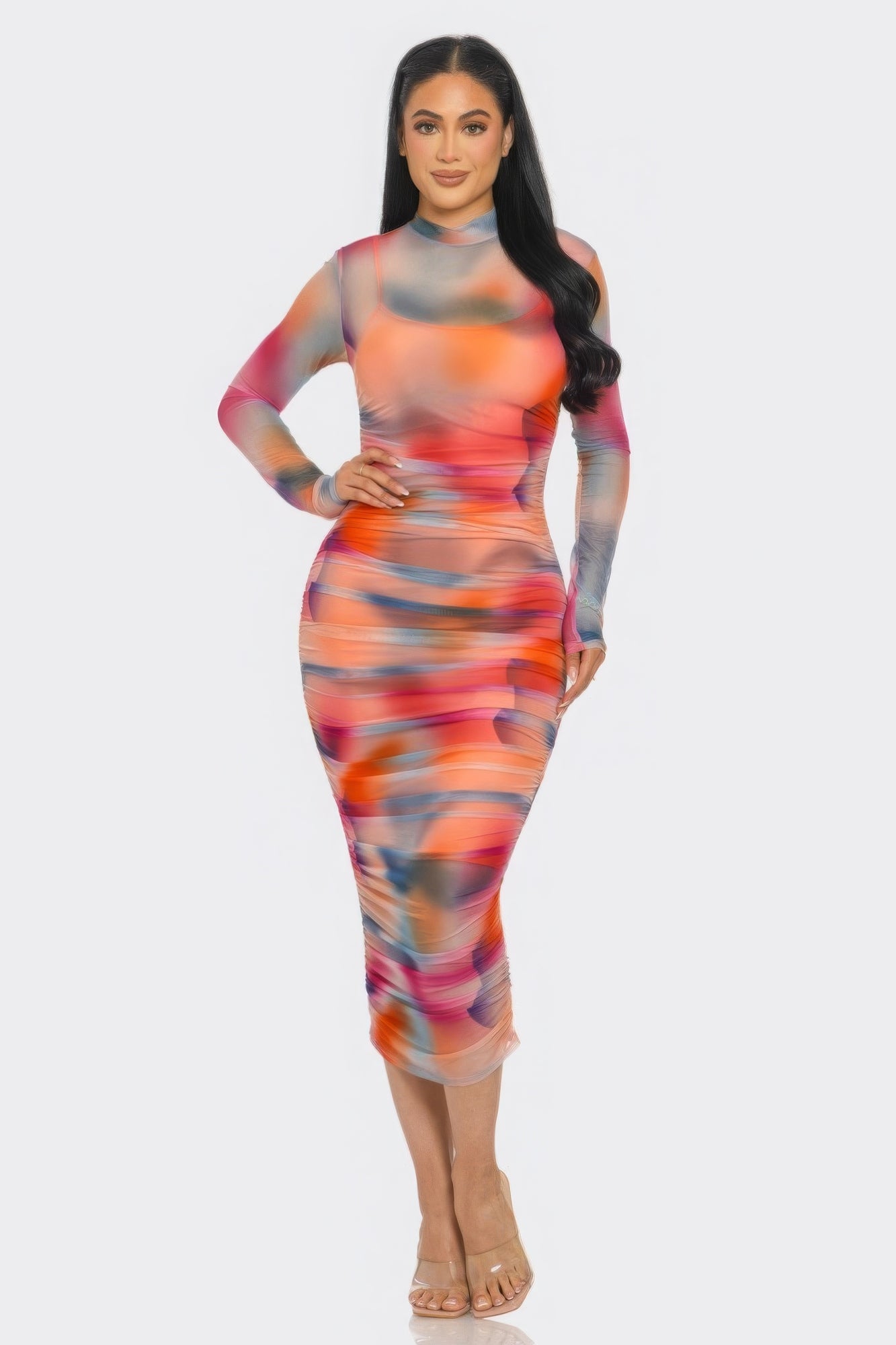 Summer Heat Print Mesh Ruched Midi Dress with vibrant Tomato/Purple design, smock neck, and long sleeves, ideal for parties and casual outings.