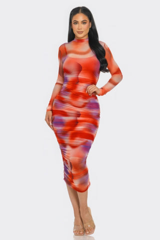 Summer Heat Print Mesh Ruched Midi Dress in vibrant tomato and purple, featuring a smock neck and long sleeves, ideal for summer events.