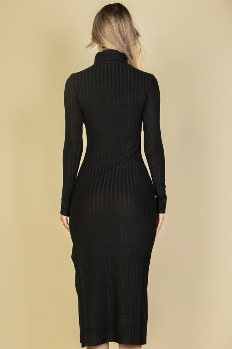Sweater-Knit Turtleneck Midi Dress | Side Slit Bodycon