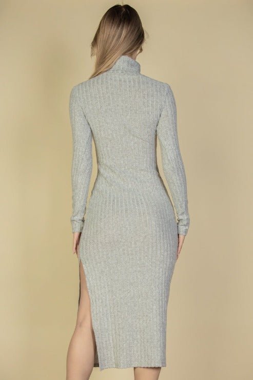 Sweater-Knit Turtleneck Midi Dress | Side Slit Bodycon