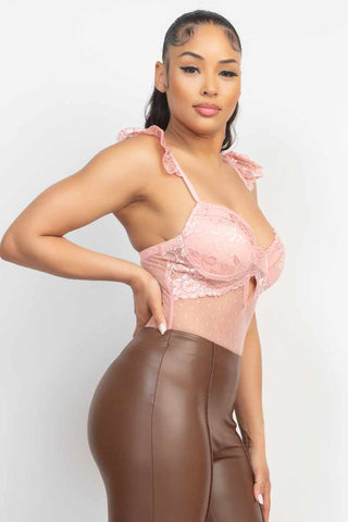 Sweetheart Cut-out Cami Ruffled Bodysuit-Peach