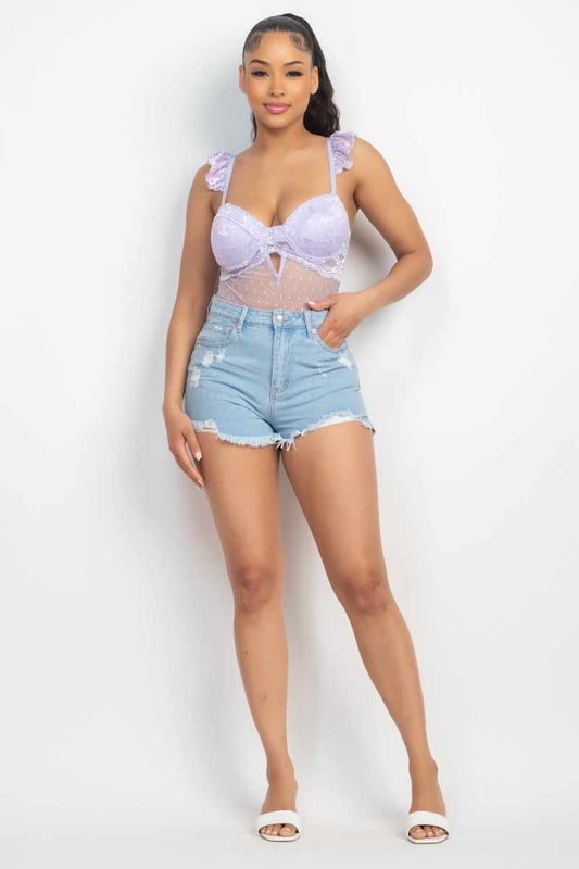 Sweetheart Cut-out Cami Ruffled Bodysuit-Lavender