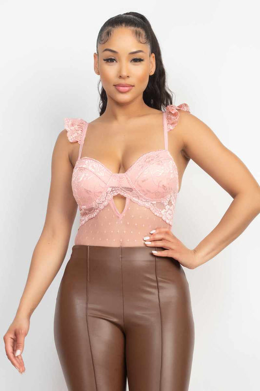 Sweetheart Cut-out Cami Ruffled Bodysuit-Peach