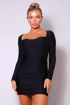 Sweetheart Pleated Front Sexy Mini Dress-Black