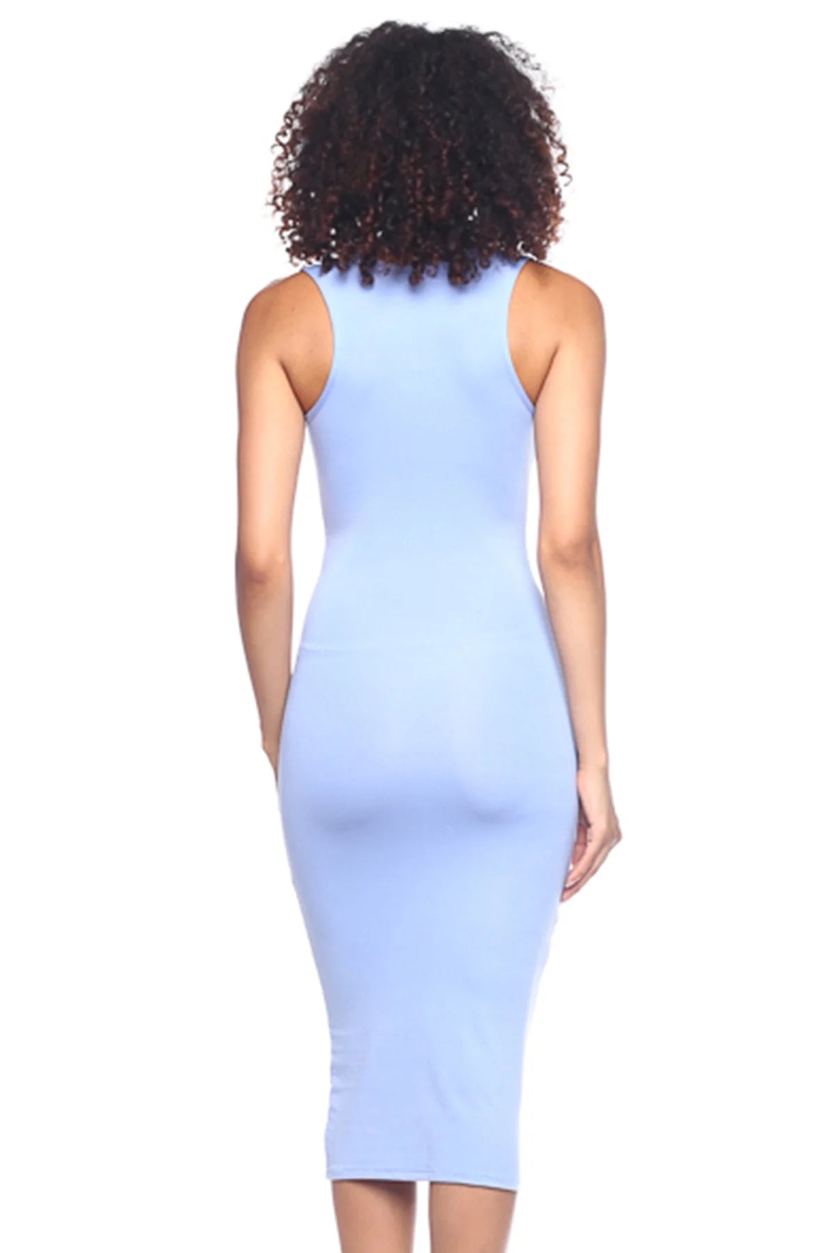 Woman wearing a sleeveless light blue tank bodycon dress made of stretch knit fabric, showcasing the fitted back view.