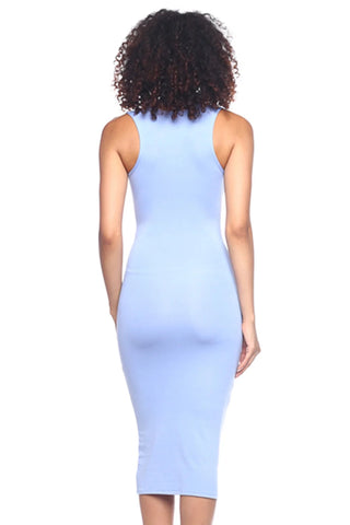 Woman wearing a sleeveless light blue tank bodycon dress made of stretch knit fabric, showcasing the fitted back view.