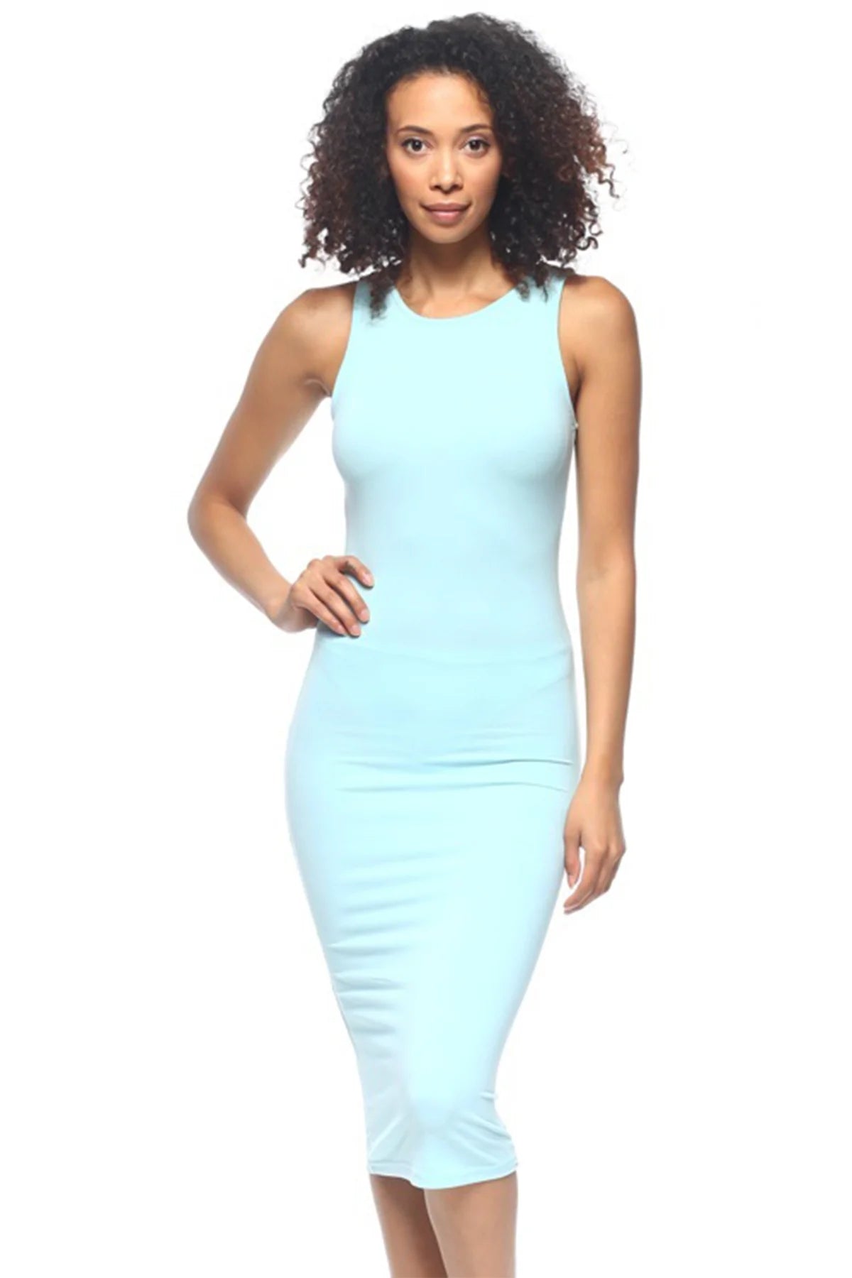 Woman wearing a sleeveless tank bodycon dress in light blue, fitted and midi length, made from stretch knit fabric.