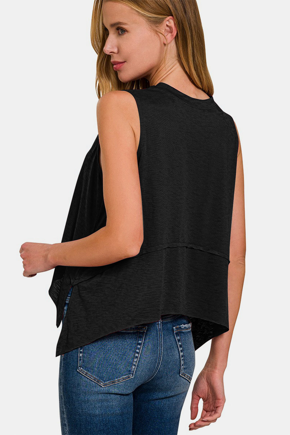 Tank Exposed Seam Slit Round Neck