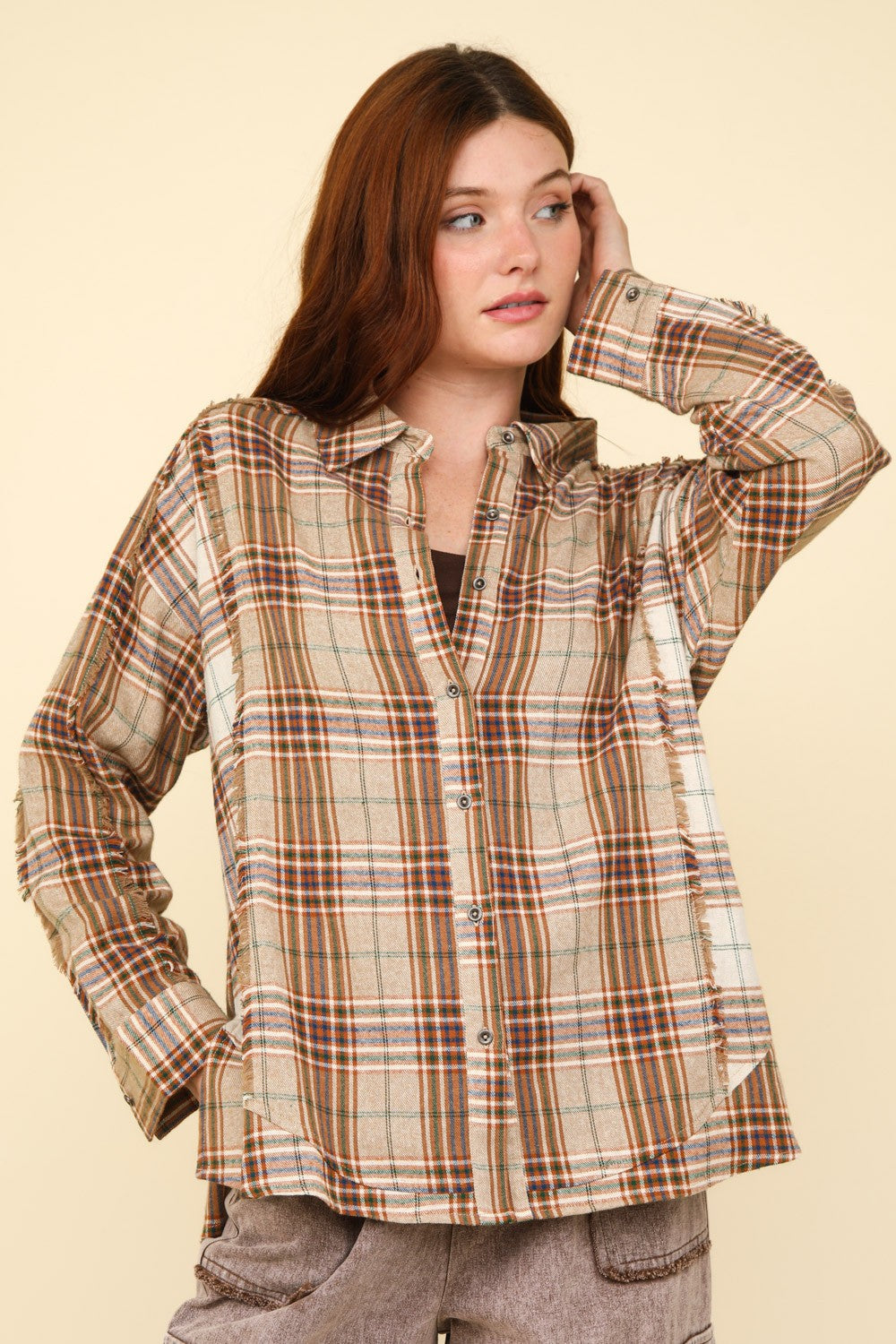 Contrast Plaid Raw Edge Taupe Shirt - Oversized Fit, Casual-Chic Style with Soft Rayon Blend for Comfort