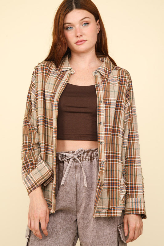 Woman wearing Contrast Plaid Raw Detail Taupe Shirt with comfy casual style and trendy plaid design.