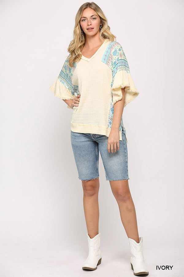 Texture Knit And Print Mixed Hi Low Hem Top-Ivory