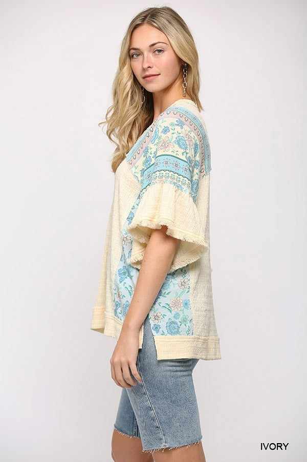 Texture Knit And Print Mixed Hi Low Hem Top-Ivory