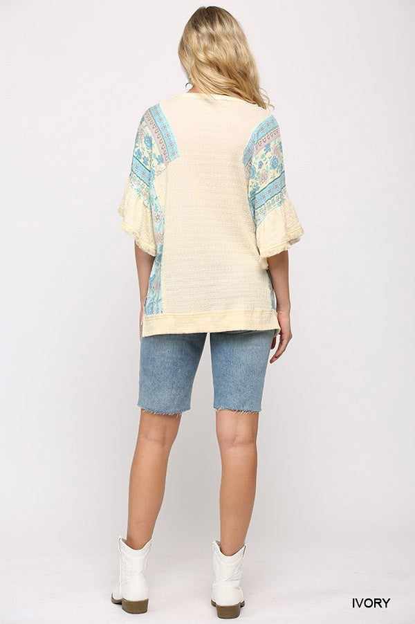 Texture Knit And Print Mixed Hi Low Hem Top-Ivory