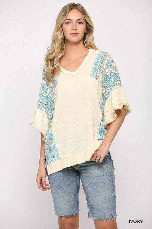 Texture Knit And Print Mixed Hi Low Hem Top-Ivory