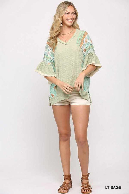 Texture Knit And Print Mixed Hi Low Hem Top-Light Sage