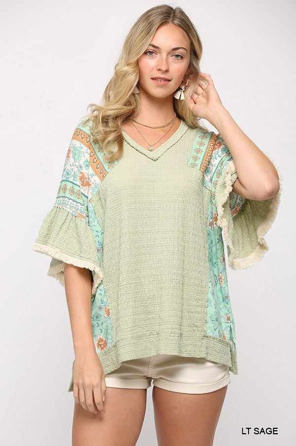 Texture Knit And Print Mixed Hi Low Hem Top-Light Sage