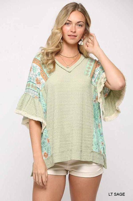 Texture Knit And Print Mixed Hi Low Hem Top-Light Sage