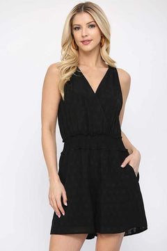 Textured Woven And Smocking Waist Romper With Back Open And Tie-Black