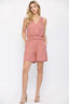 Textured Woven And Smocking Waist Romper With Back Open And Tie-Rose