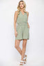 Textured Woven And Smocking Waist Romper With Back Open And Tie-Sage