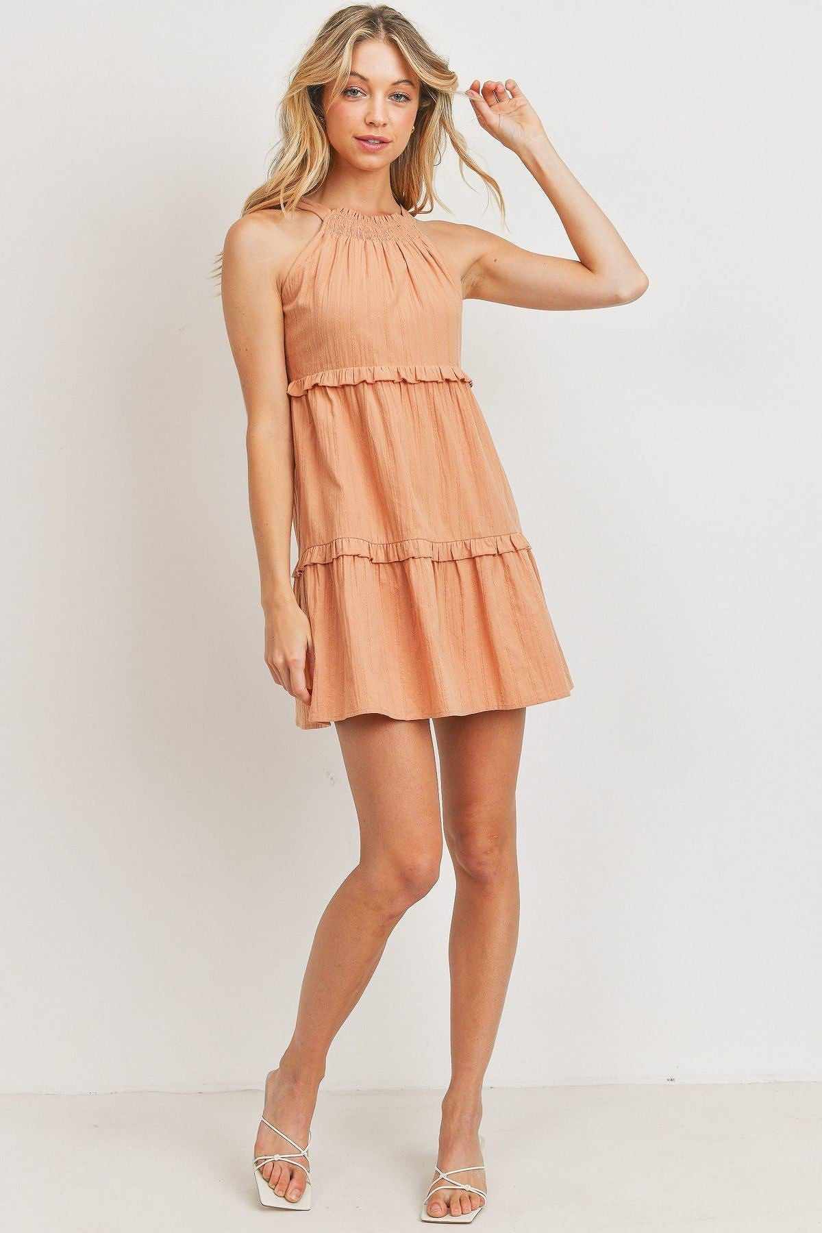 Textured Woven Fabric Tiered Dress-Blush