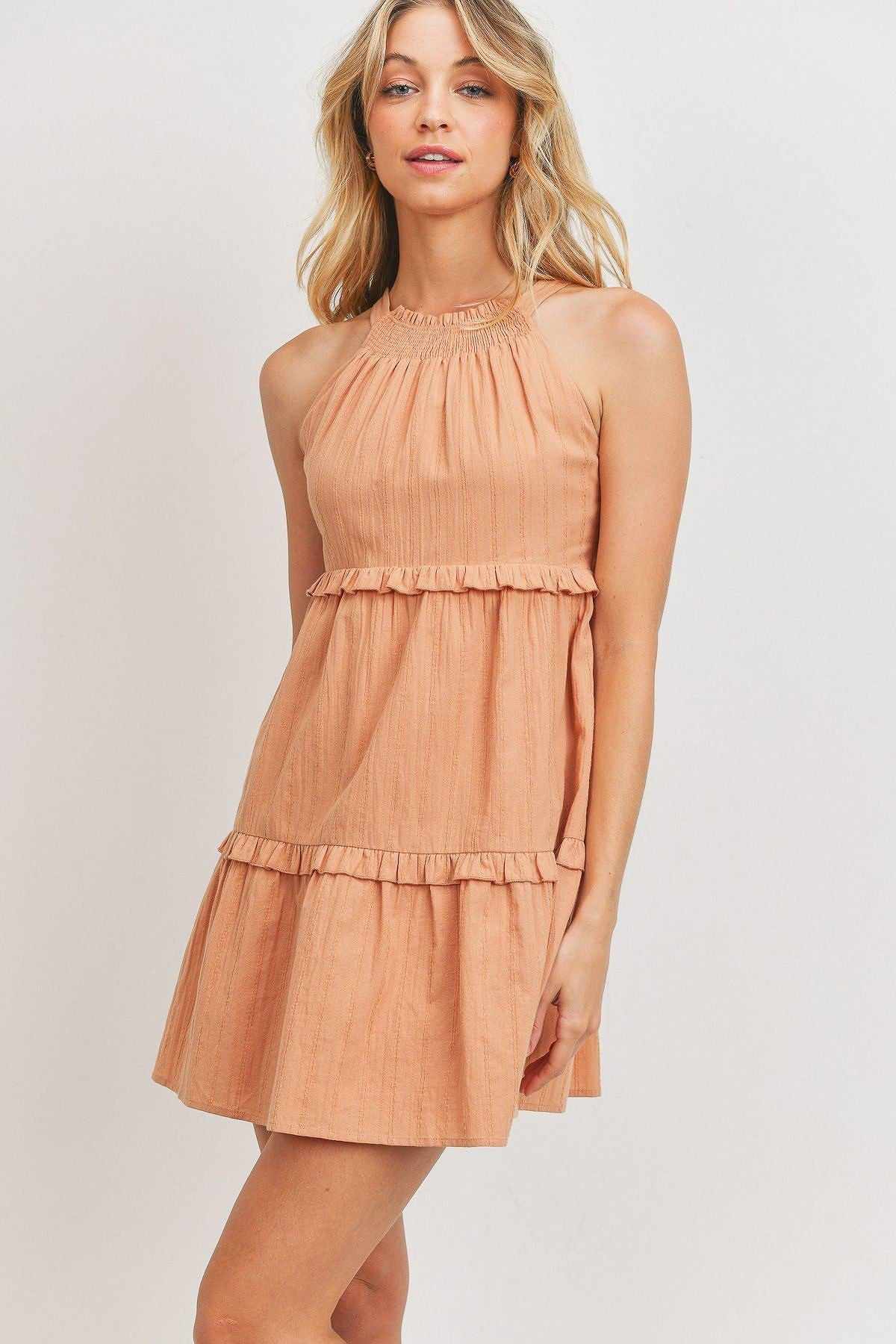 Textured Woven Fabric Tiered Dress-Blush