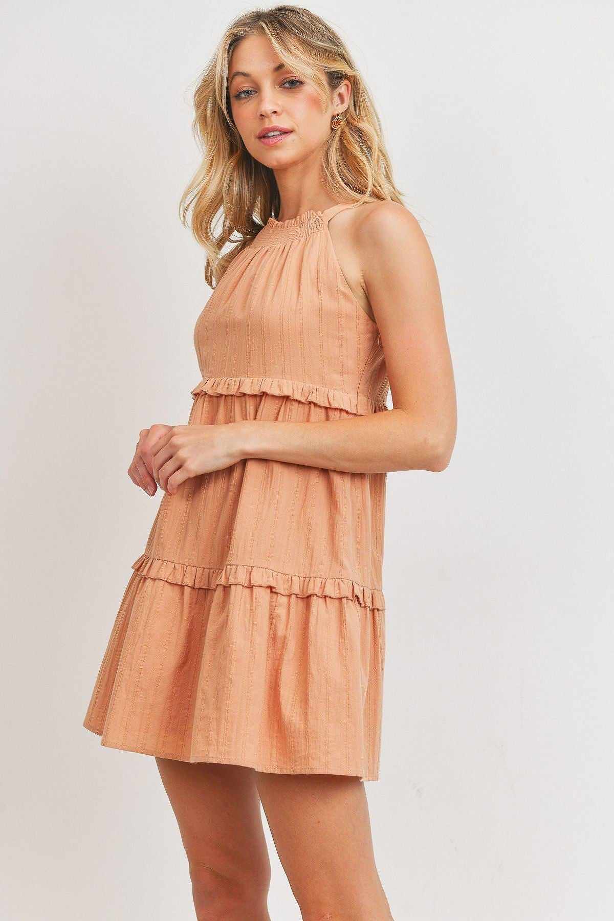 Textured Woven Fabric Tiered Dress-Blush