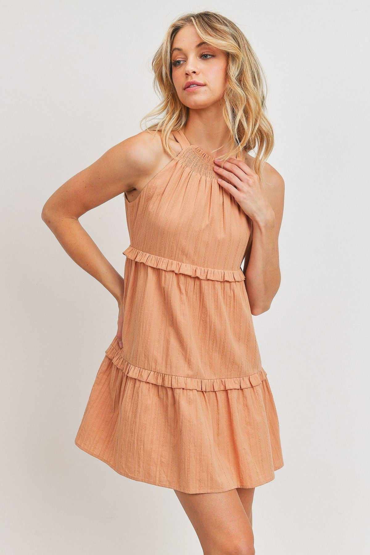 Textured Woven Fabric Tiered Dress-Blush