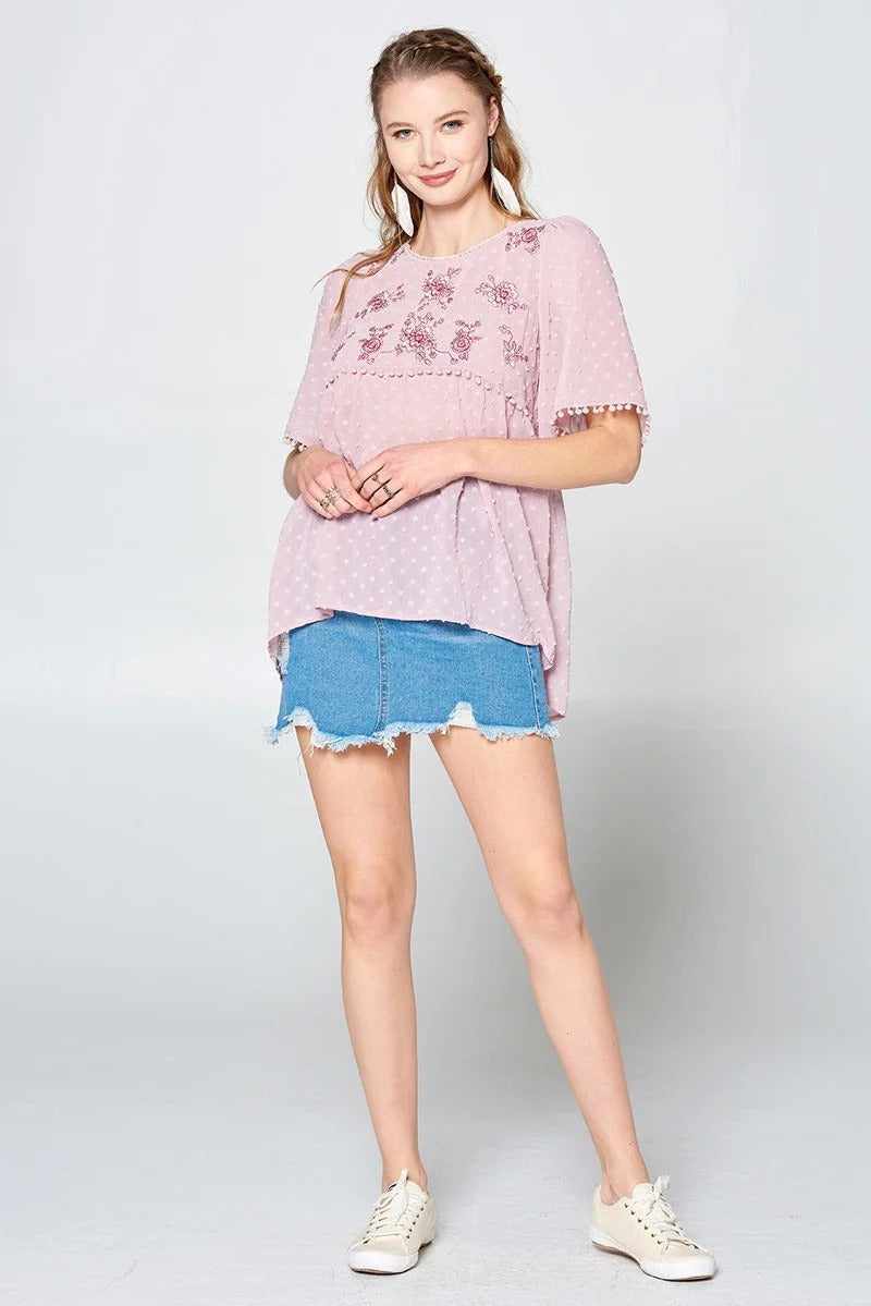 This Detailed Lace Trimmed Bubble Chiffon Blouse-Mauve