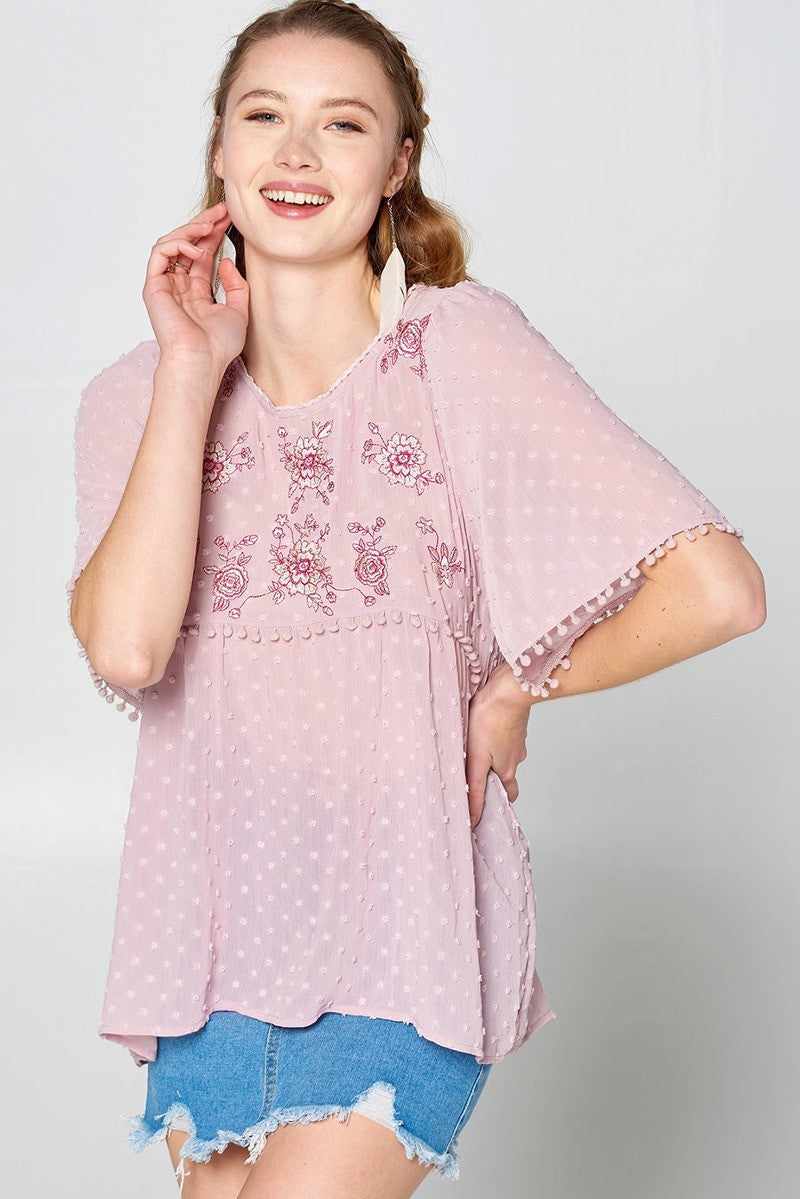 This Detailed Lace Trimmed Bubble Chiffon Blouse-Mauve