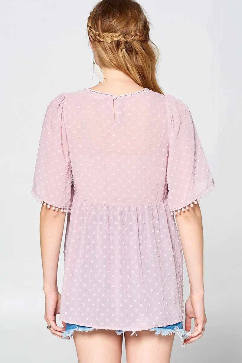 This Detailed Lace Trimmed Bubble Chiffon Blouse-Mauve