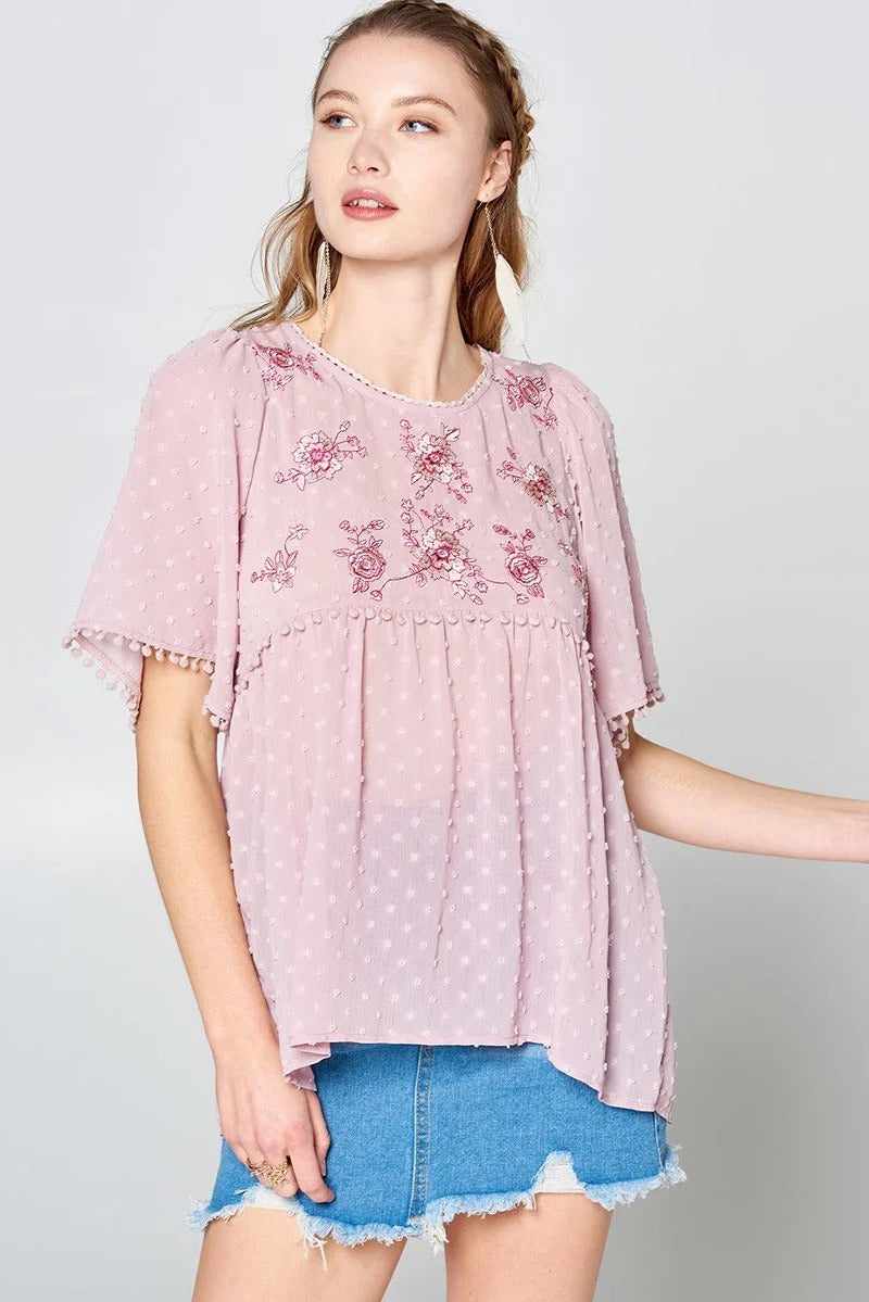 This Detailed Lace Trimmed Bubble Chiffon Blouse-Mauve