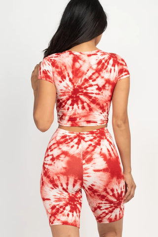 Tie-Dye Crop Top Short Sleeve Two-Piece Set-Rust