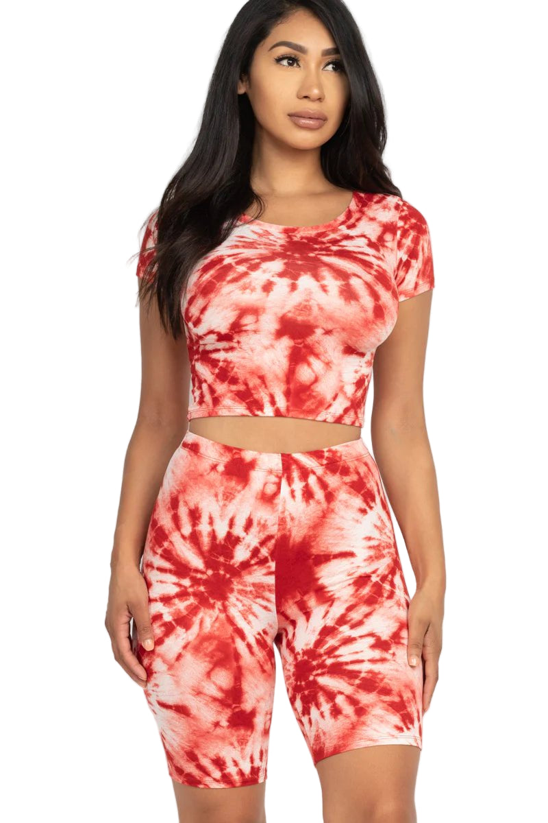 Tie-Dye Crop Top Short Sleeve Two-Piece Set-Rust