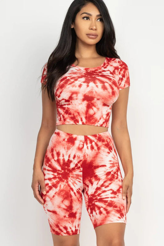 Tie-Dye Crop Top Short Sleeve Two-Piece Set-Rust