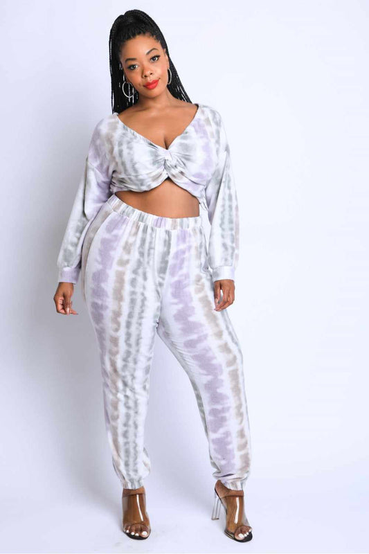 Purple tie-dye off-shoulder set with twist front top and matching joggers, 1XL-3XL, long sleeves, soft jersey knit.