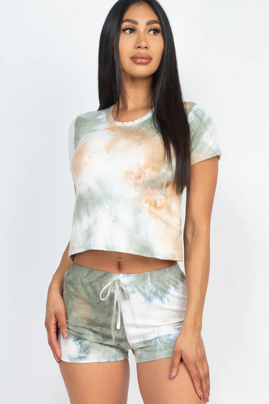 Tie-Dye Short Sleeve Two-Piece Set-Black/ Mustard