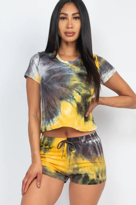 Tie-Dye Short Sleeve Two-Piece Set-Black/ Mustard