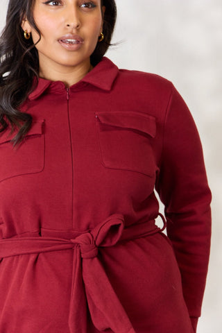 Red tie front half zip long sleeve shirt dress with front pockets, plus size woman wearing elegant fashion.