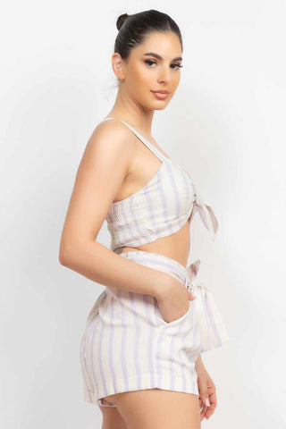 Tie-front Striped Crop Top & Belted Shorts Set-White