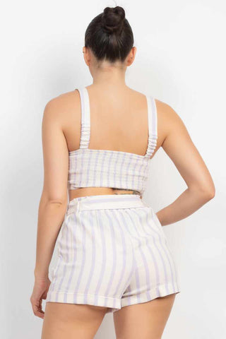Tie-front Striped Crop Top & Belted Shorts Set-White