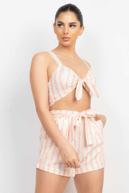 Tie-front Striped Crop Top & Belted Shorts Set-White/Light Coral