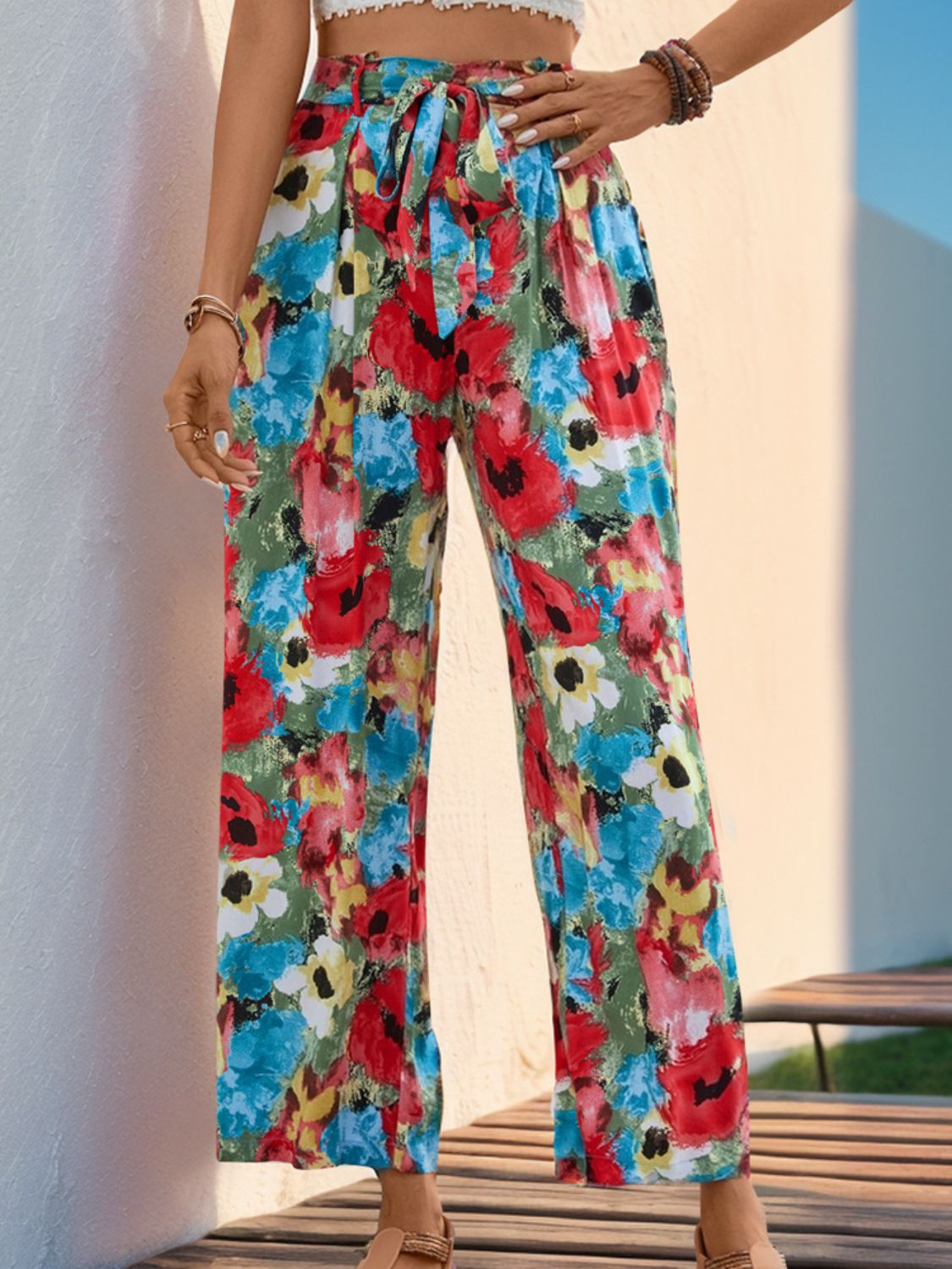 Tied Printed Wide Leg Pants for Women