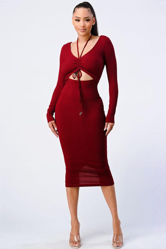 Trendy Front Shirring Cut-out Long Sleeved Dress-Burgundy